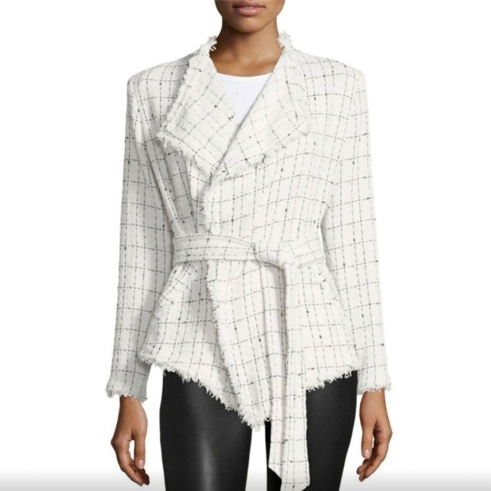 IRO Like New Quinet Soft Knit Belted Tweed Frayed Wrap Cream Jacket Size 34 (XS)